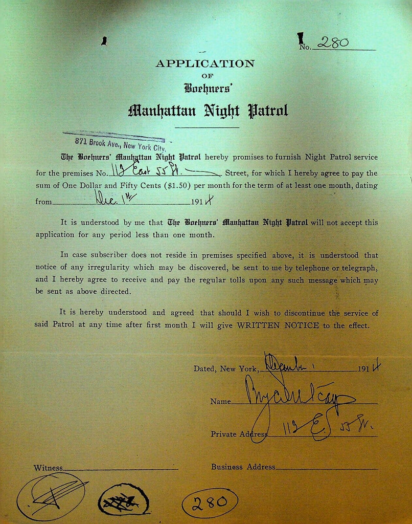 Boehners Manhattan Night Patrol Signed Contract 1915 113 East 55th St