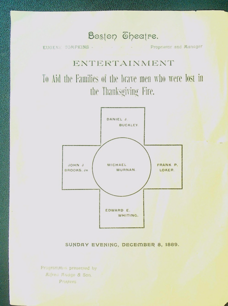 Boston Fire Fighters 1889 Program Honoring 5 Dead Thanksgiving Day Ames Building0