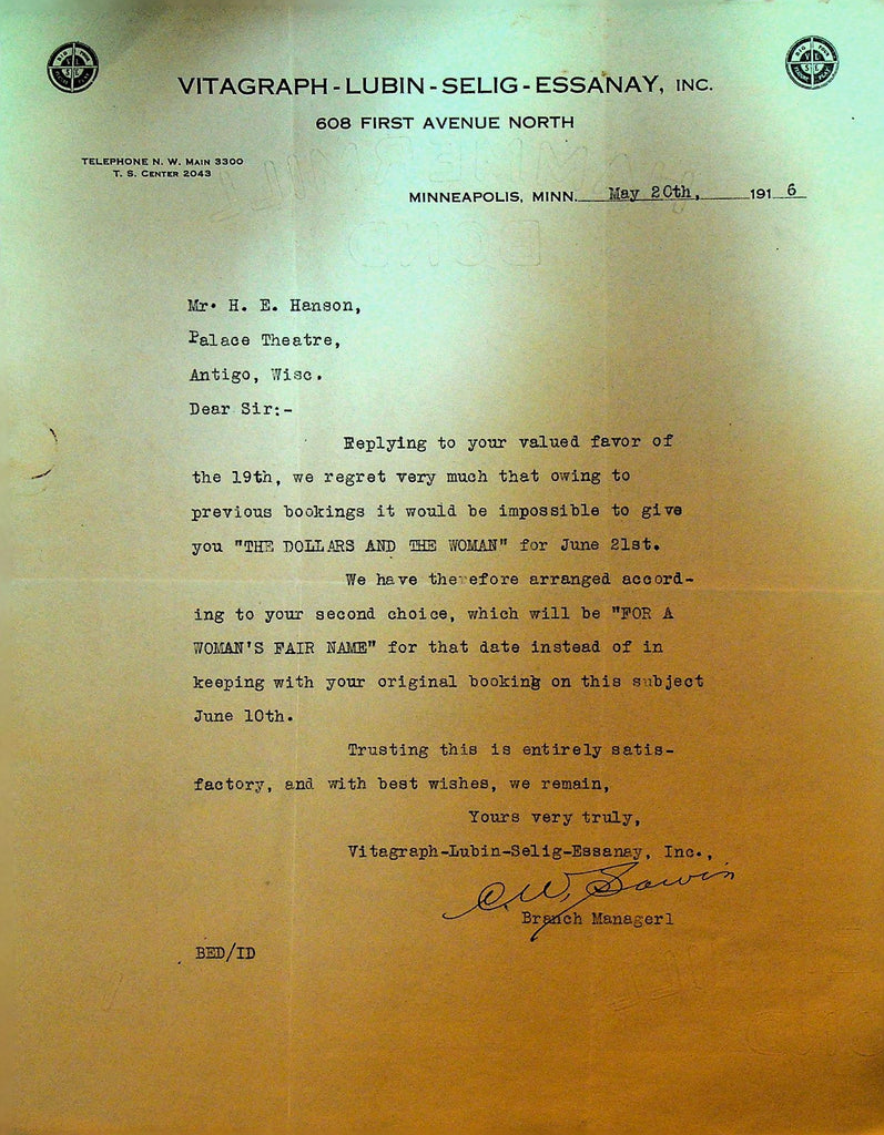 Vitagraph Lubin Selig Essanay Letterhead May 20 1916 For a Woman's Fair Name0