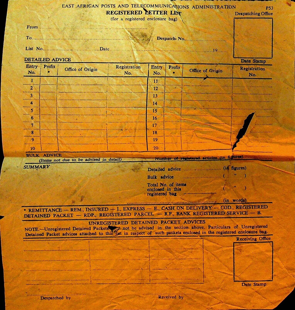 East African Posts & Telecommunications Administration Registered Letters List