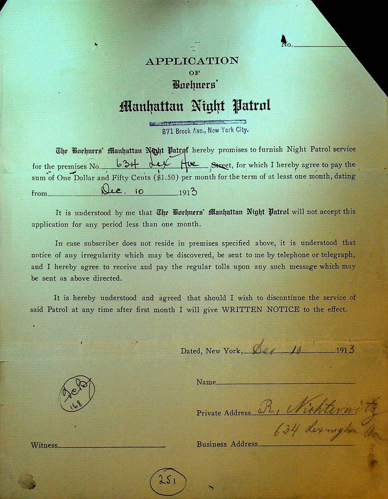 Boehners Manhattan Night Patrol Signed Contract 1913 634 Lexington Avenue NYC