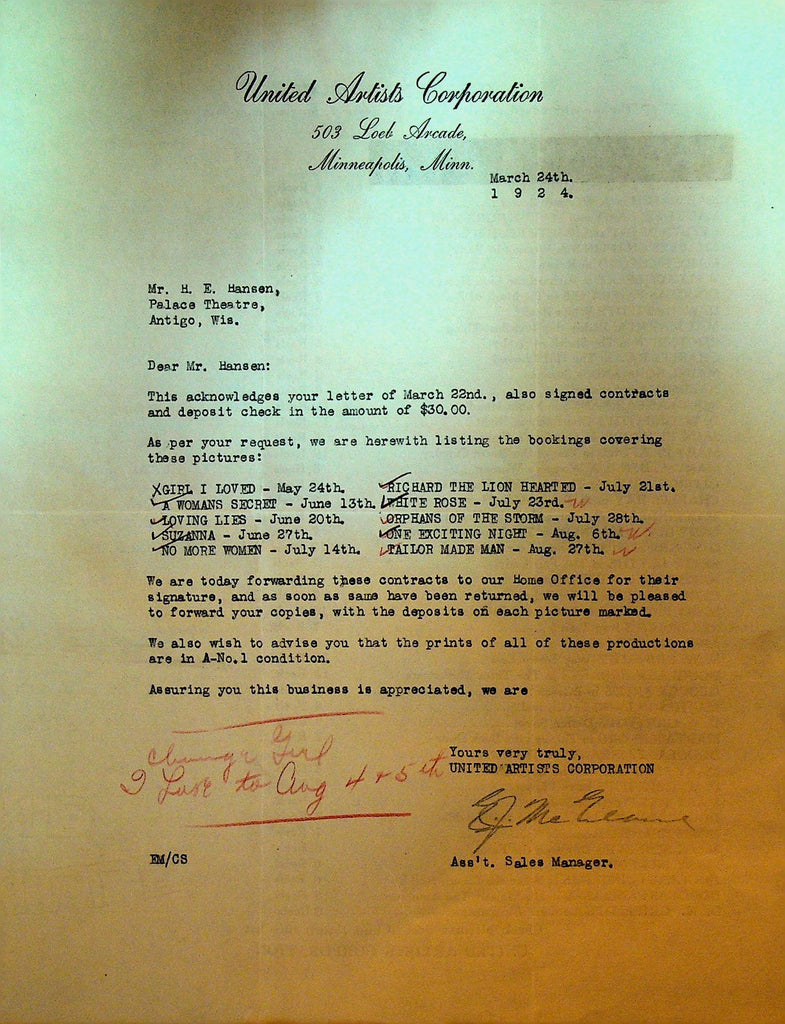 United Artists Letterhead March 24 1924 Orphans of the Storm Girl I Loved0