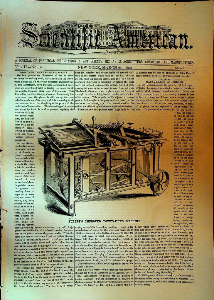 Scientific American March 24 1860 Burley's Dovetailing Machine0
