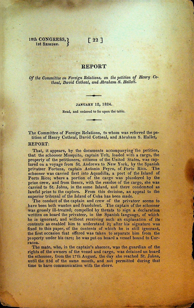 Congressional Report Schooner Mosquito Captured by Spain January 12 18240