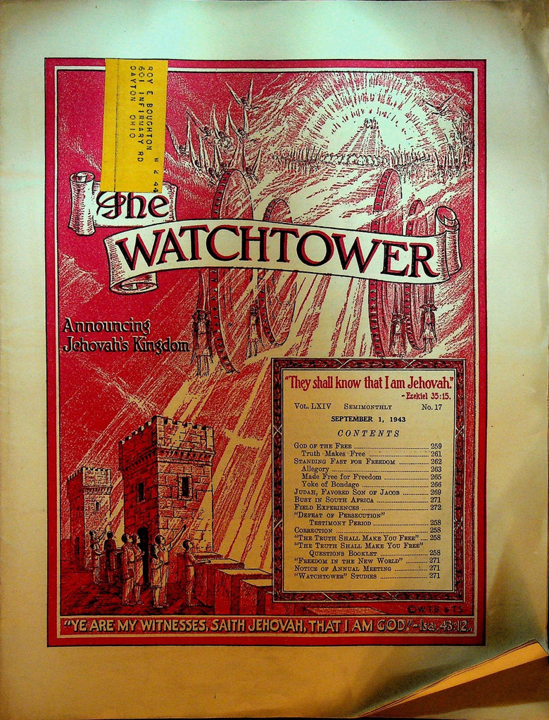 The Watchtower Magazine Jehovah's Witness September 1 1943 South Africa0
