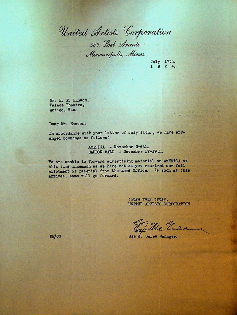 United Artists Letterhead July 17 1924 Haddon Hill America Silent Film0