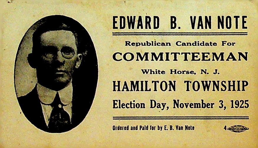 Edward B Van Note Republican Hamilton Township White Horse NJ 1925 Business Card0