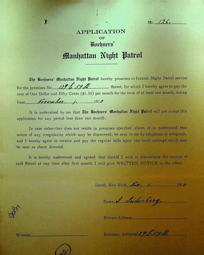 Boehners Manhattan Night Patrol Signed Contract 1910 S Seidenberg 129 E 59th St