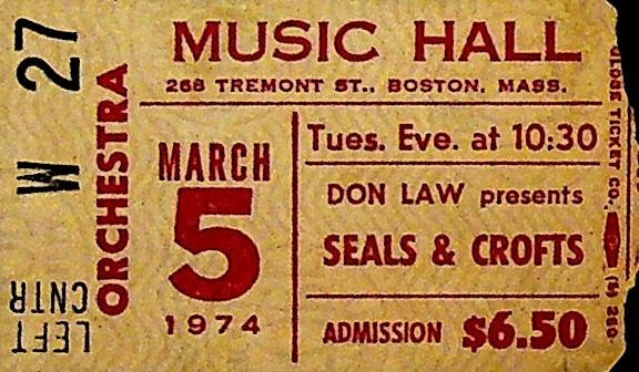Seals & Crofts Concert Ticket Stub March 5 1974 Boston Music Hall0