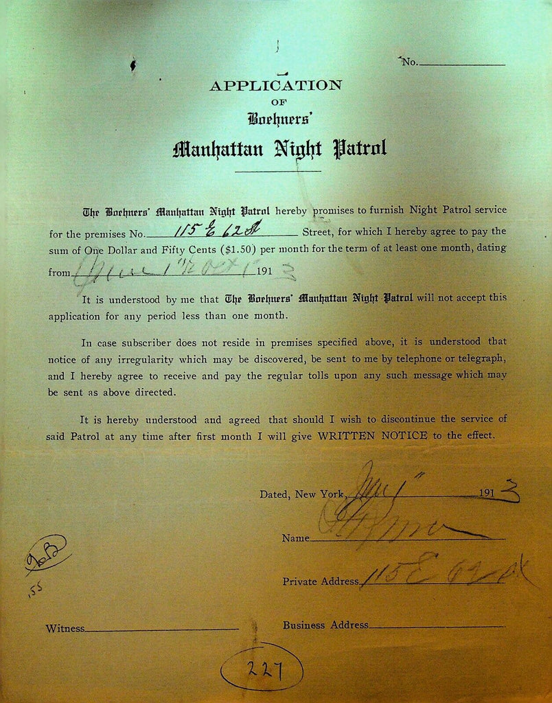 Boehners Manhattan Night Patrol Signed Contract 1913 115 E 62nd St