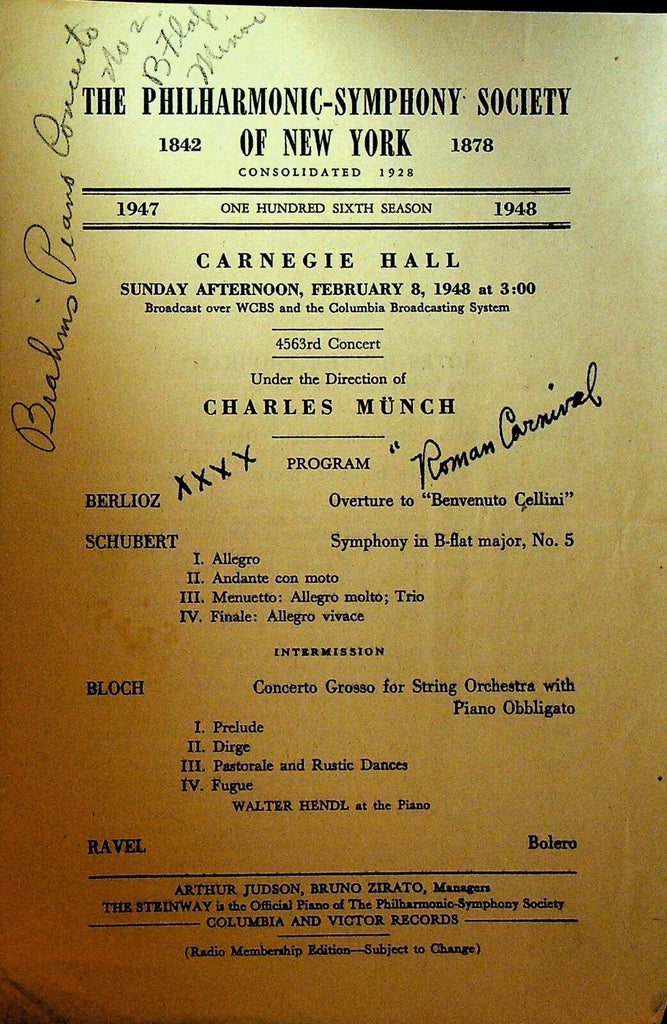 New York Philharmonic Symphony Society Program February 8 1948 Charles Munch