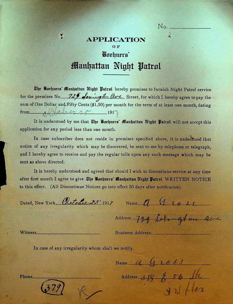 Boehners Manhattan Night Patrol Signed Contract 1917 A Gross 729 Lexington Ave