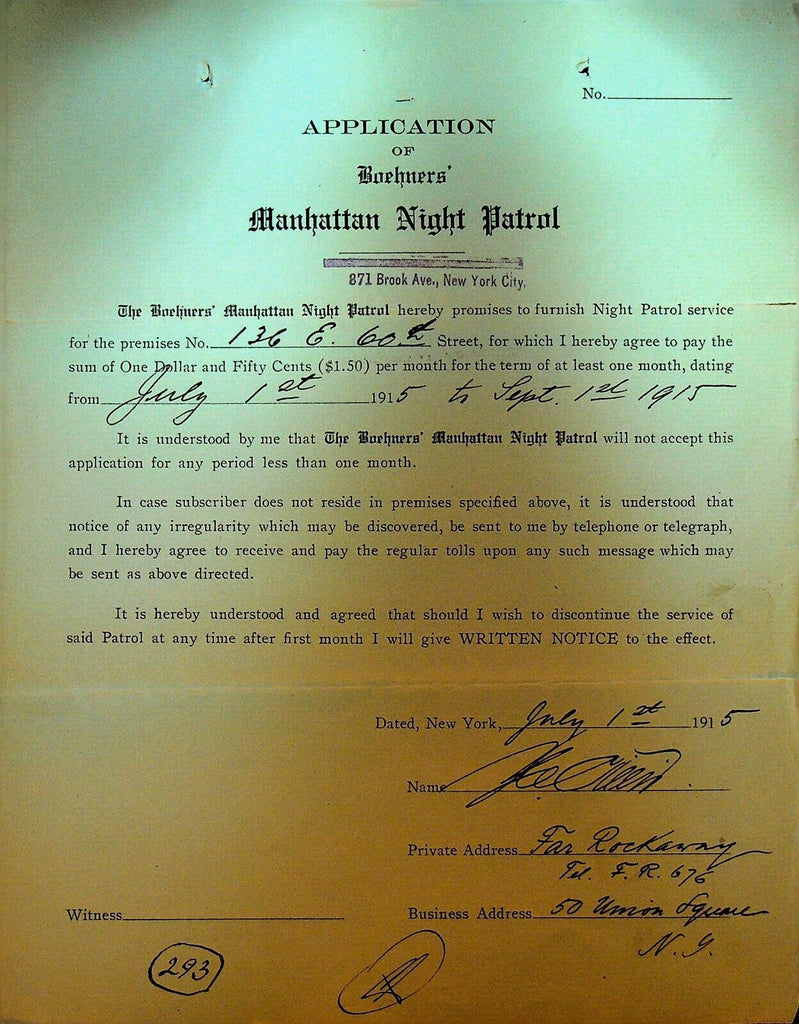 Boehners Manhattan Night Patrol Signed Contract 1915 136 East 60th St