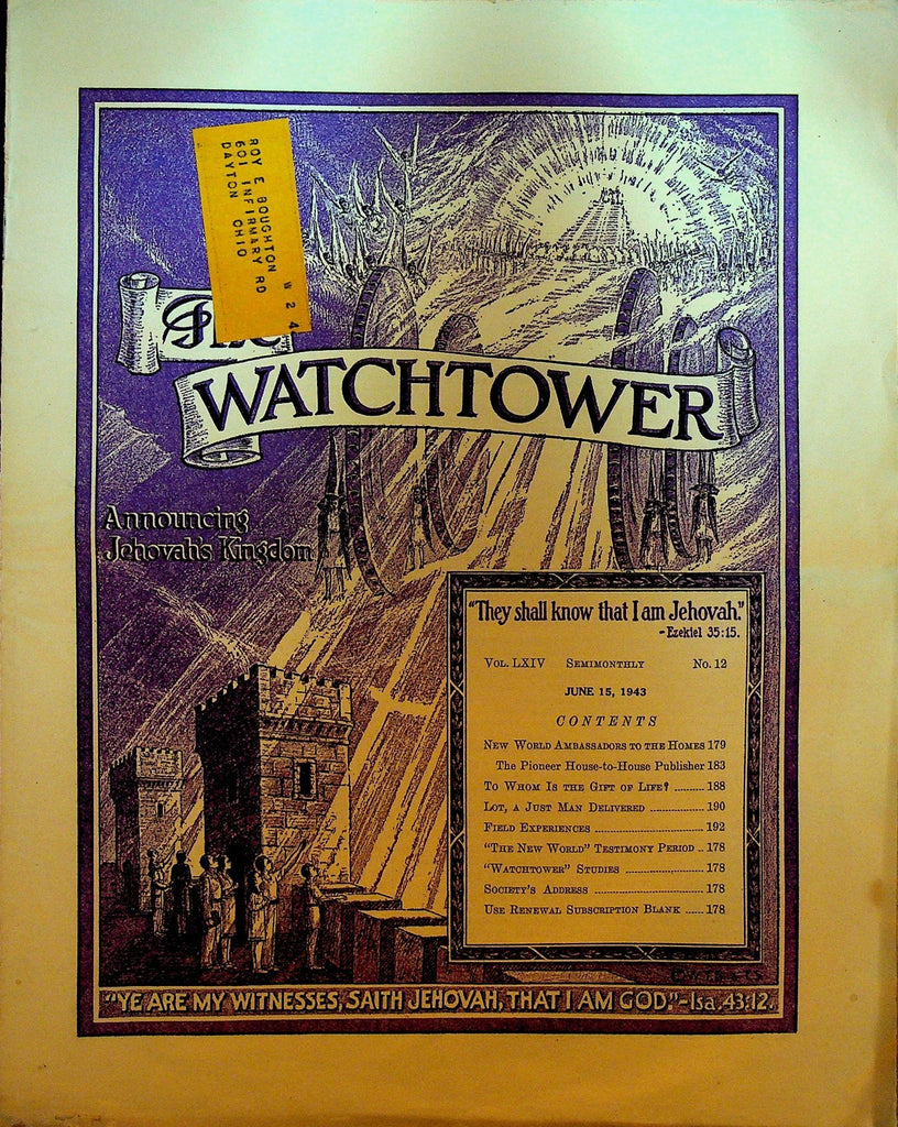The Watchtower Magazine Jehovah's Witness June 15 1943 Home Visits0