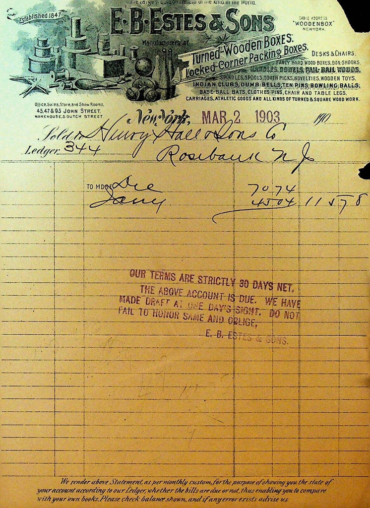 EB Estes & Sons Billhead Letterhead 1903 Wooden Boxes New York City
