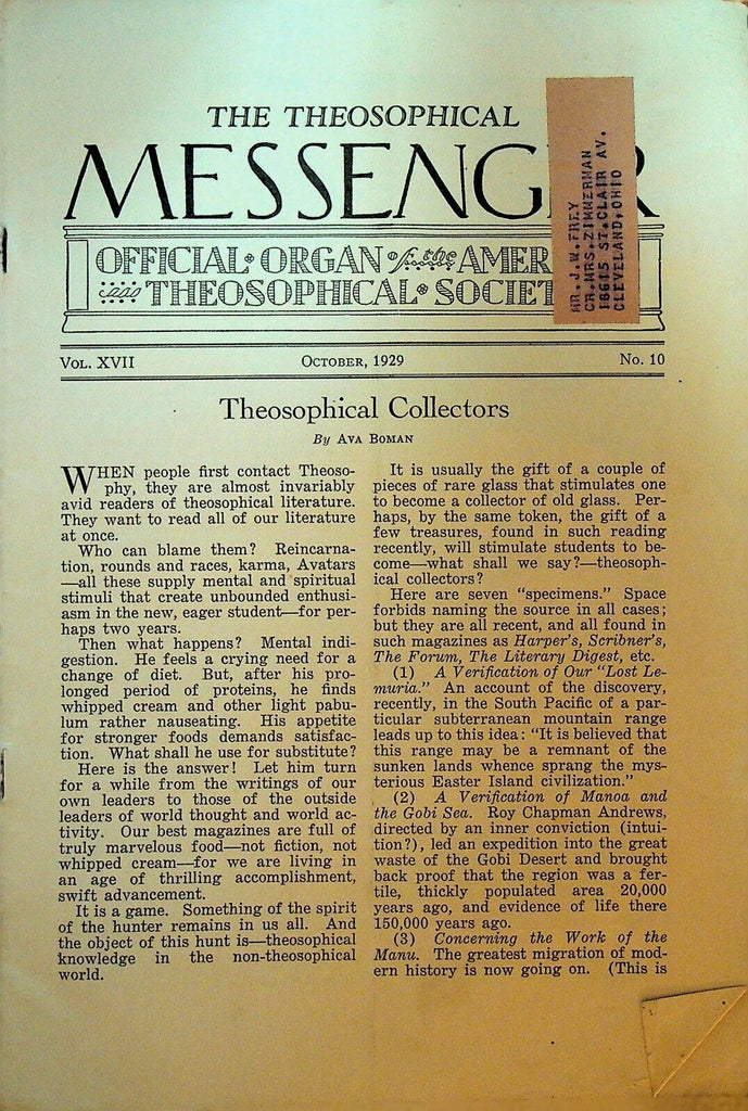 American Theosophical Messenger October 1929 Ava Boman