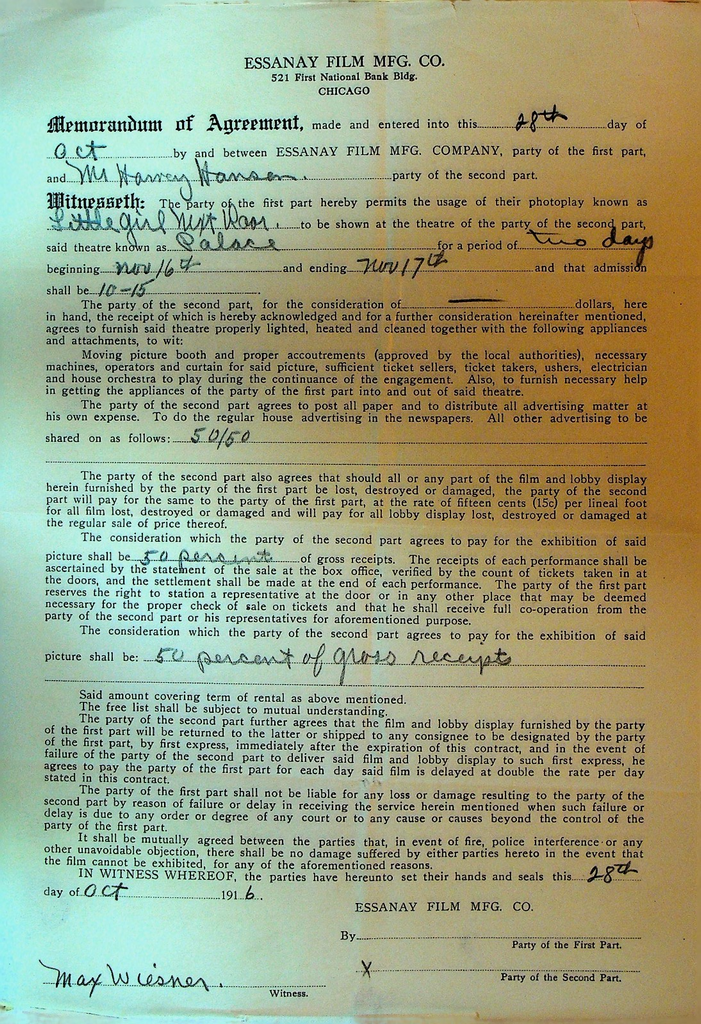 Essanay Film Mfg Co Contract October 28 1916 Little Girl Next Door0
