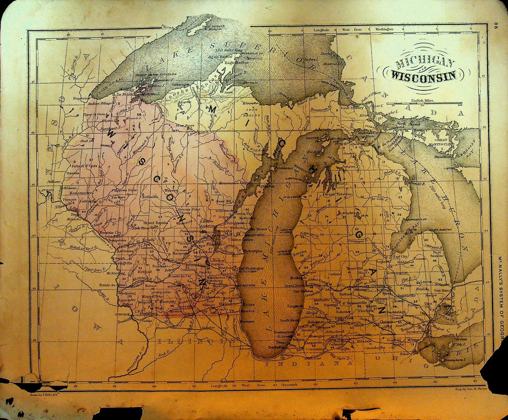 McNally's System of Geography 1800s Map 15 Michigan Wisconsin0