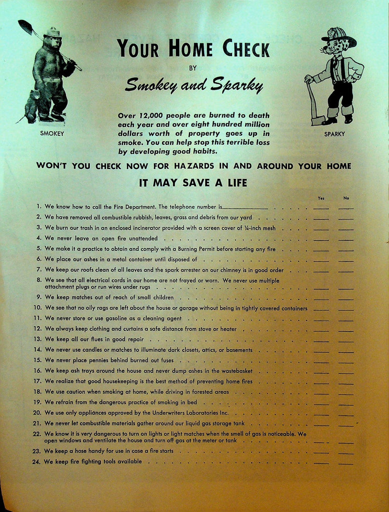 Smokey the Bear & Sparky Your Home Check 1954 Prevent Forest Fires0