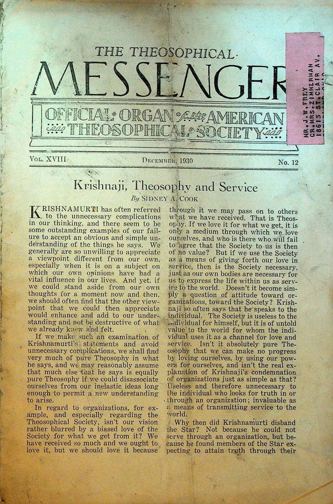 Theosophical Messenger Magazine December 1930 Krishnaji Krishnamurti