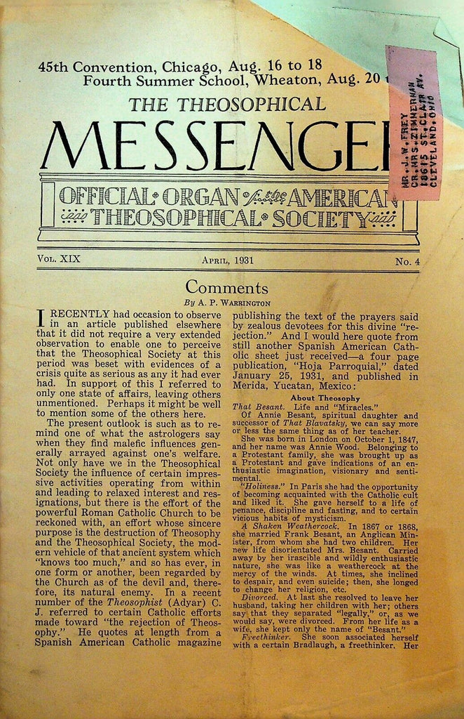 American Theosophical Messenger April 1931 AP Warrington
