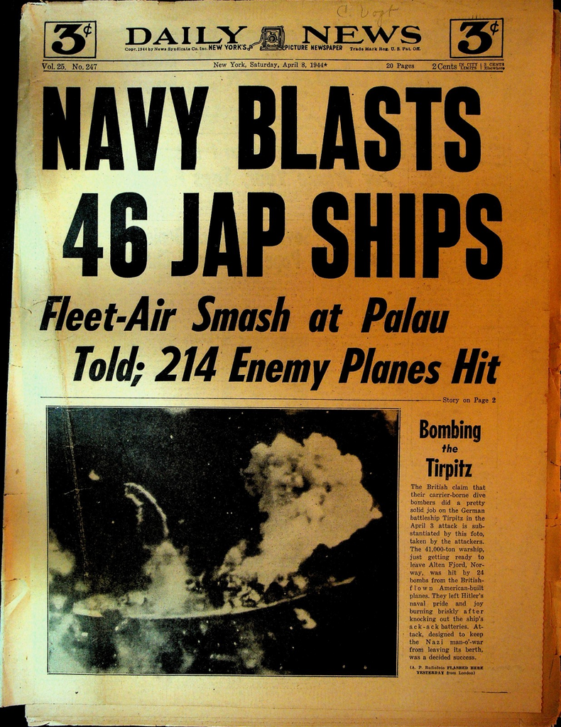 New York Daily News April 8 1944 WWII German Ship Tirpitz New York Yankees0