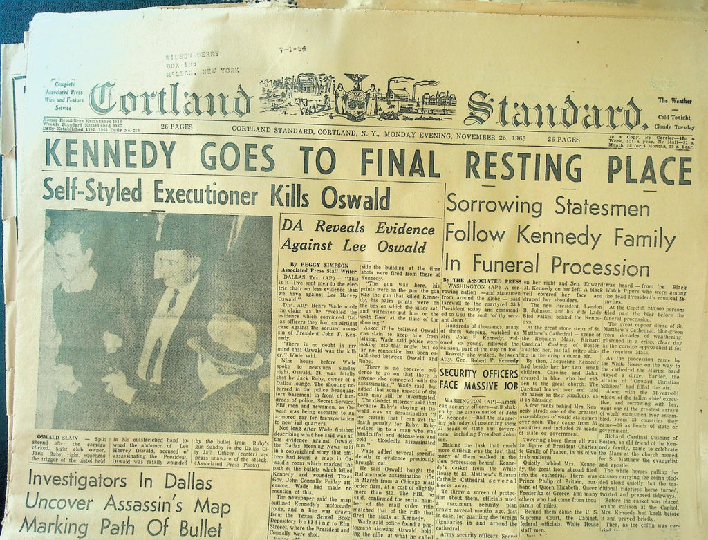 Cortland Standard Newspaper November 25 1963 Jack Ruby Lee Harvey Oswald JFK0
