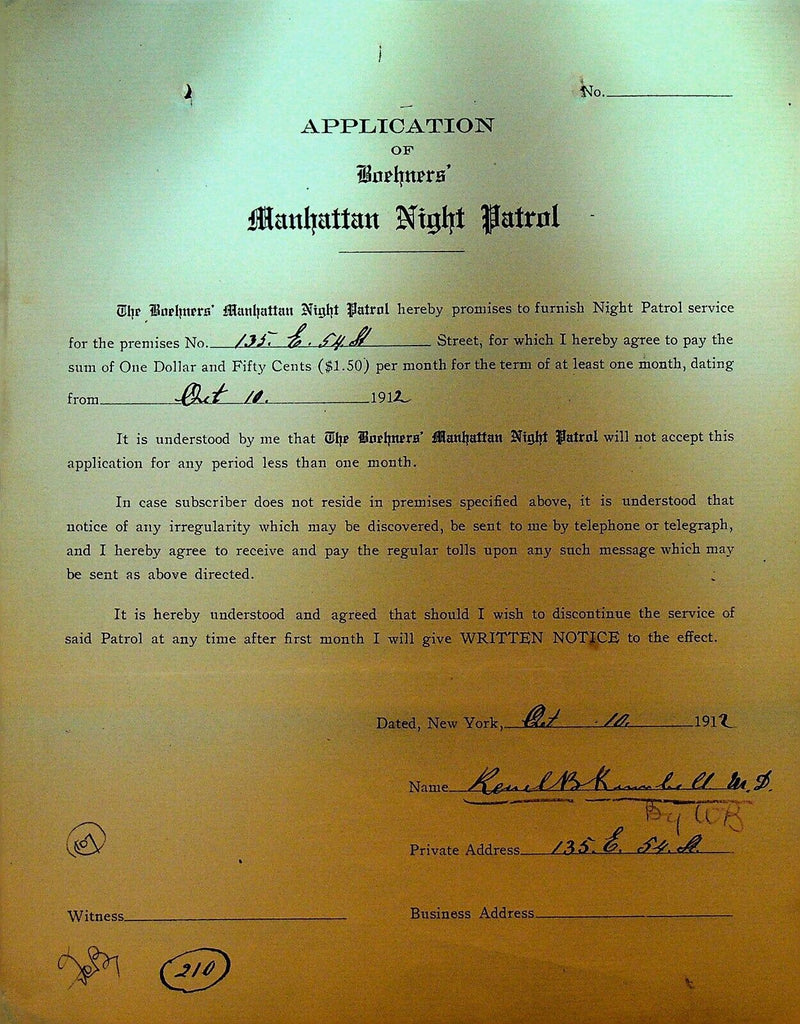 Boehners Manhattan Night Patrol Signed Contract 1912 R Kimball MD 135 E 54th St