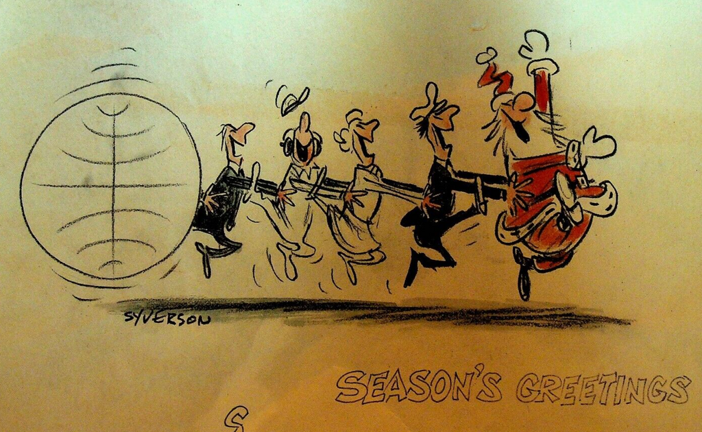 Henry S Syverson Original Art Santa Claus Season's Greetings Conga Line Xmas