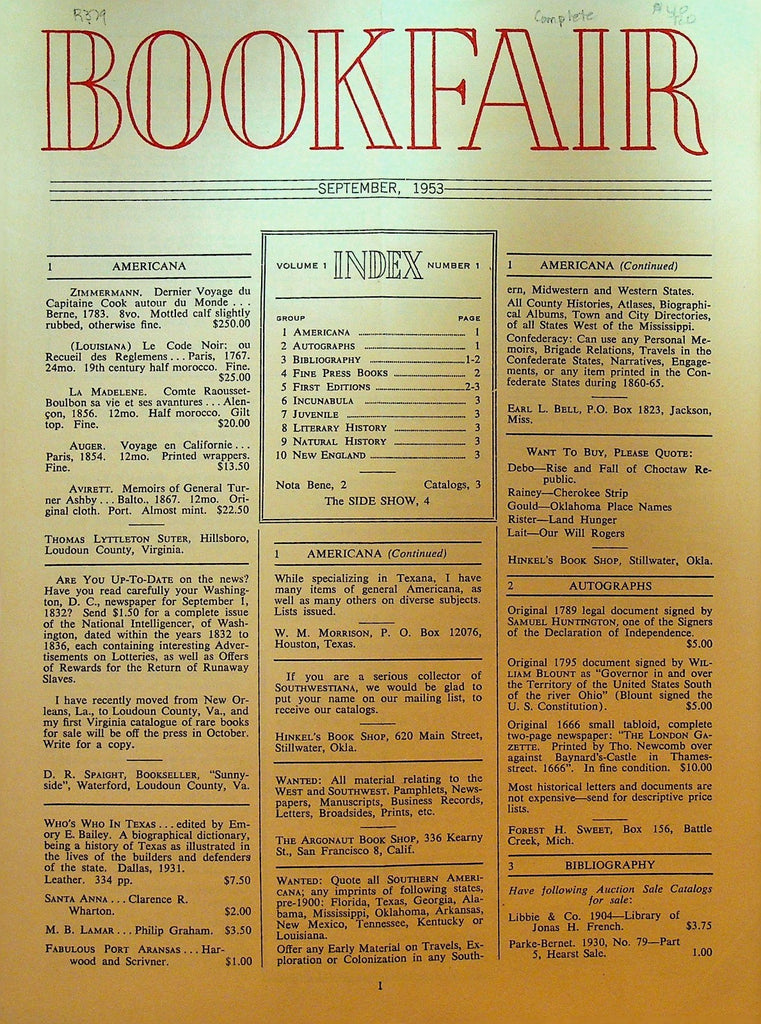 Bookfair FIRST ISSUE September 1953 Monthly Literary Exchange Magazine0