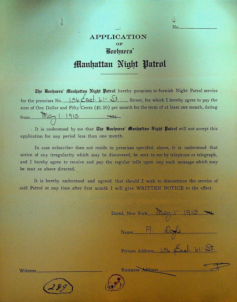Boehners Manhattan Night Patrol Signed Contract 1915 A Doyle 156 E 61st St