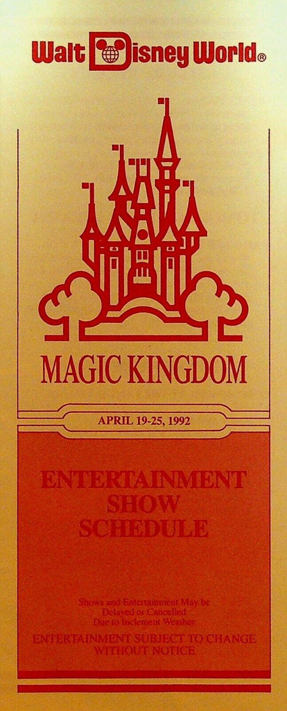 Walt Disney World Magic Kingdom Entertainment Show Schedule April 19-25 1992