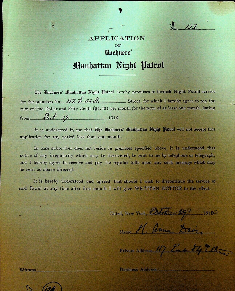 Boehners Manhattan Night Patrol Signed Contract 1910 H Anna Davis 117 E 54th St