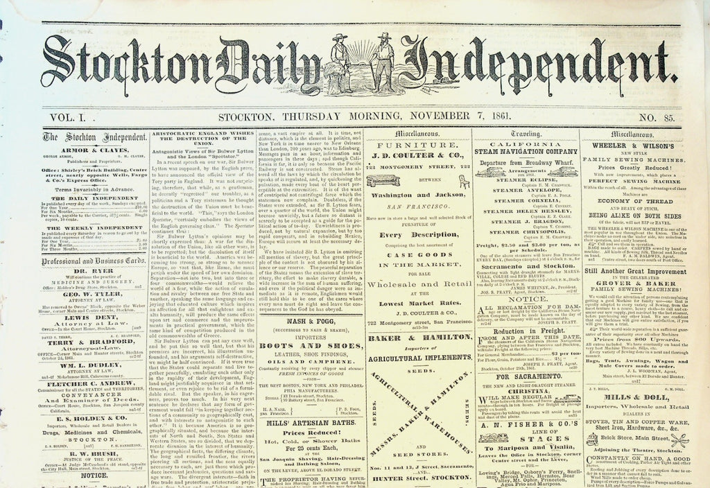 Stockton Daily Independent Newspaper November 7 1861 Civil War California0