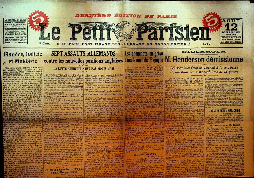 Le Petit Parisien WWI Newspaper France August 12 1917 French Socialists