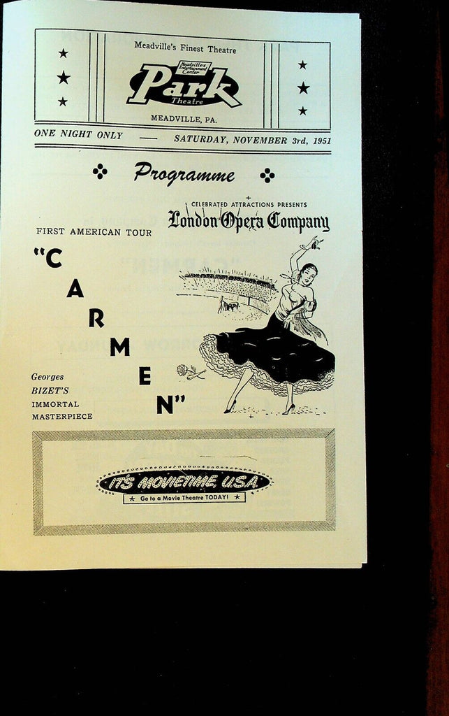 Carmen Program London Opera Company November 3 1951 Meadville Pa