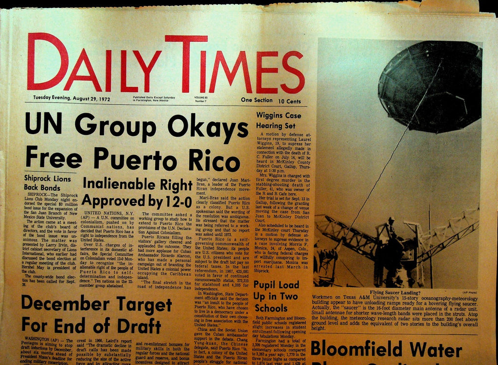 Daily Times Newspaper August 29 1972 Farmington NM Draft Ending Puerto Rico0