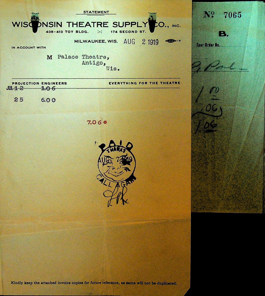 Wisconsin Theatre Supply Invoice August 2 1919 Milwaukee0