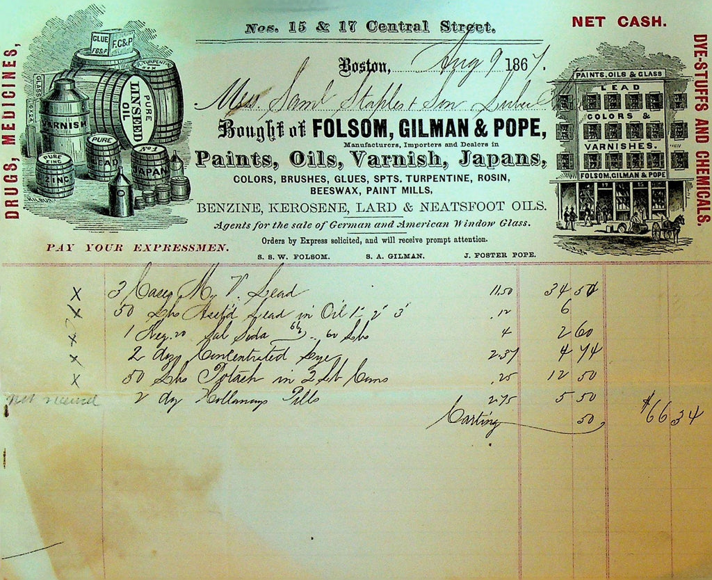 Folsom Gilman & Pope Billhead May 9 1867 Boston Drugs Medicines Paints Oils0