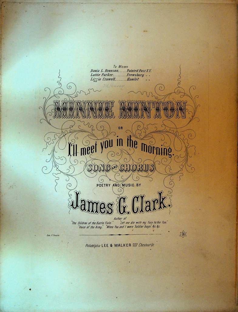 Minnie Minton Or I'll Meet You in the Morning Sheet Music 1865 James Clark0