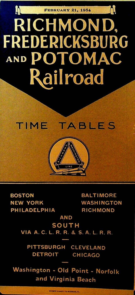 Richmond Fredericksburg & Potomac Railroad Time Table February 21 1954