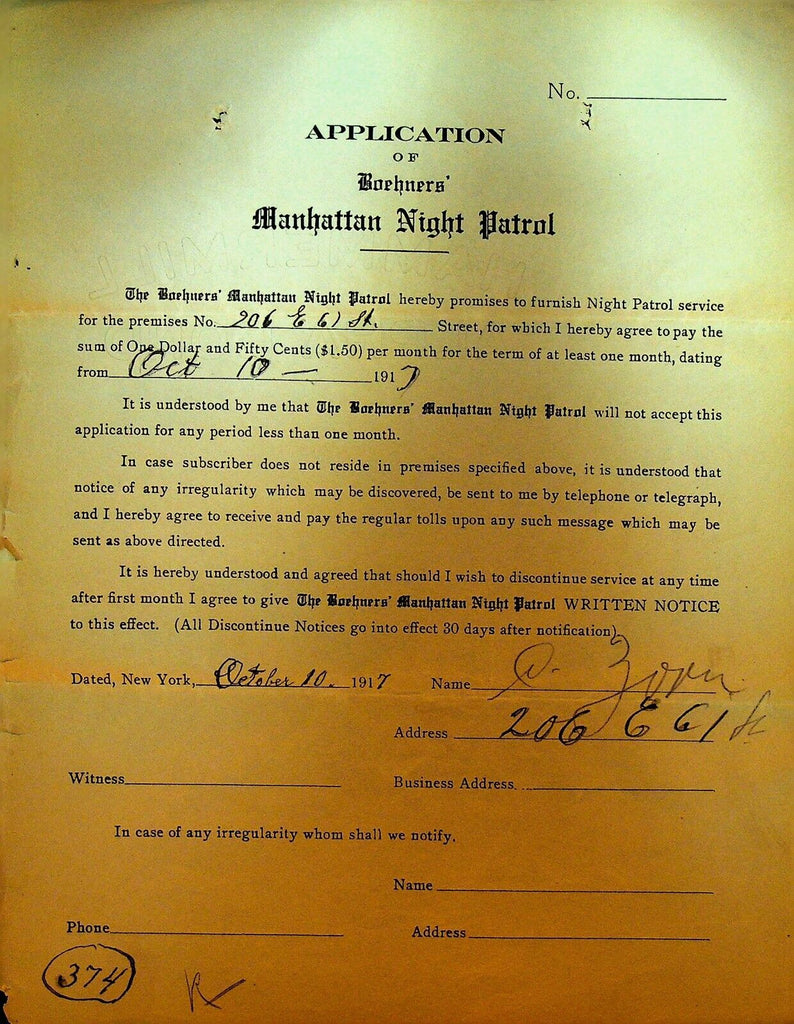 Boehners Manhattan Night Patrol Signed Contract 1917 E Zova 206 E 61st St