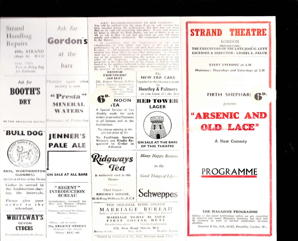 Arsenic & Old Lace Strand Theatre 1945 Programme Lilian Braithwaite 0