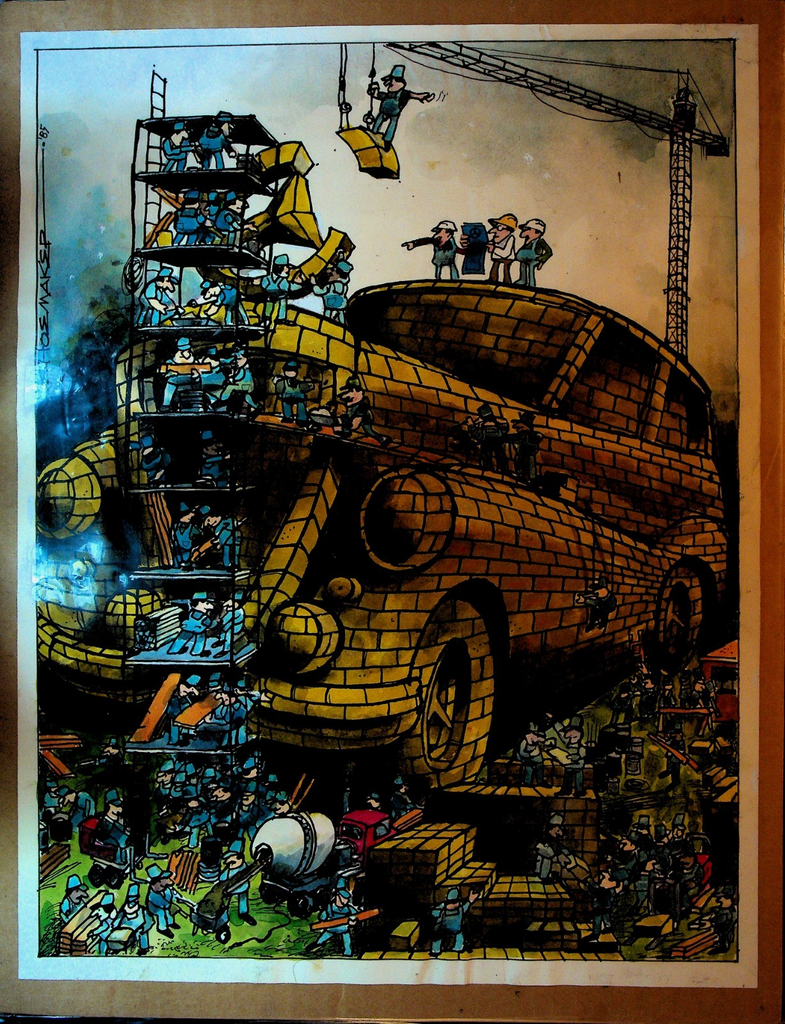 Giant Car Made of Bricks Original Art Howard Shoemaker Car Magazine 19840