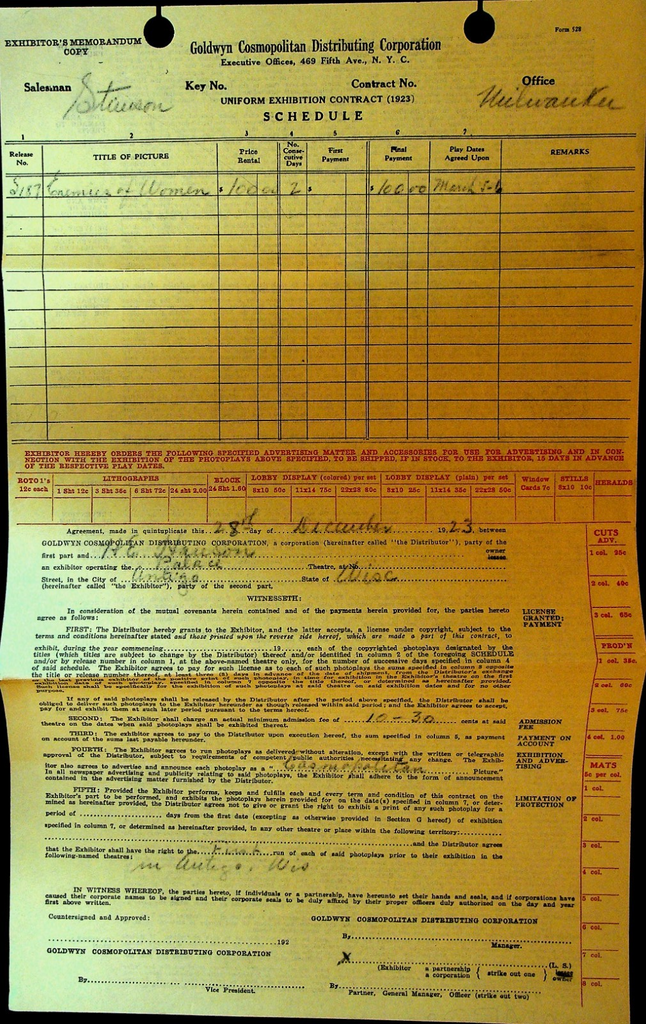 Goldwyn Corporation Contract December 28 1923 Enemies of Women Silent Film0