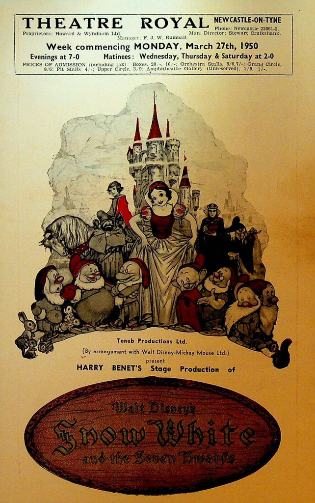 Walt Disney Snow White & the Seven Dwarfs 1950 Theatre Royal Ad Bill