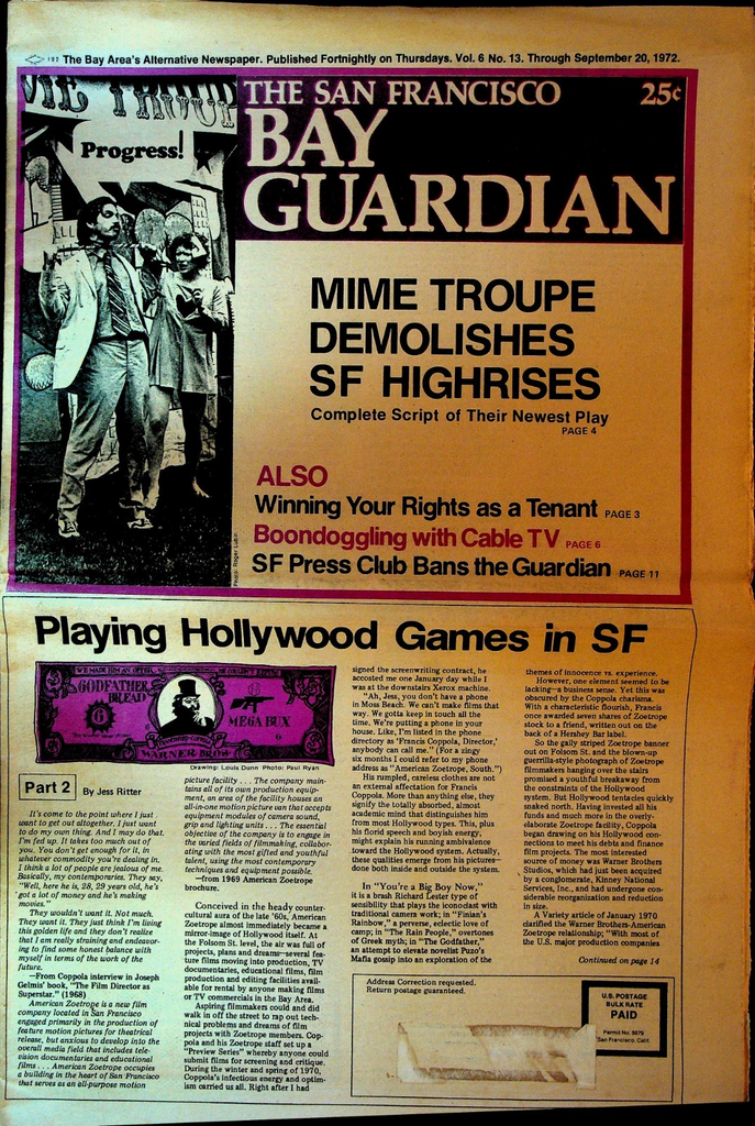 San Francisco Bay Guardian September 20 1972 Mime Troupe Francis Ford Coppola0