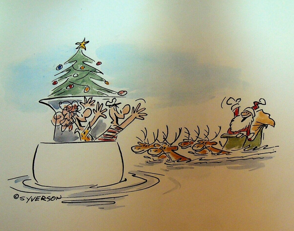 Henry S Syverson Original Art Santa Claus Visit House Boat Presents Tree