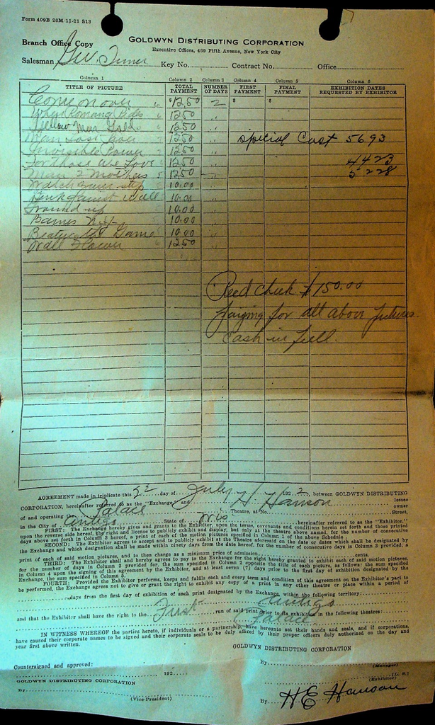 Goldwyn Distributing Contract July 1922 Come On Over For Those We Love0