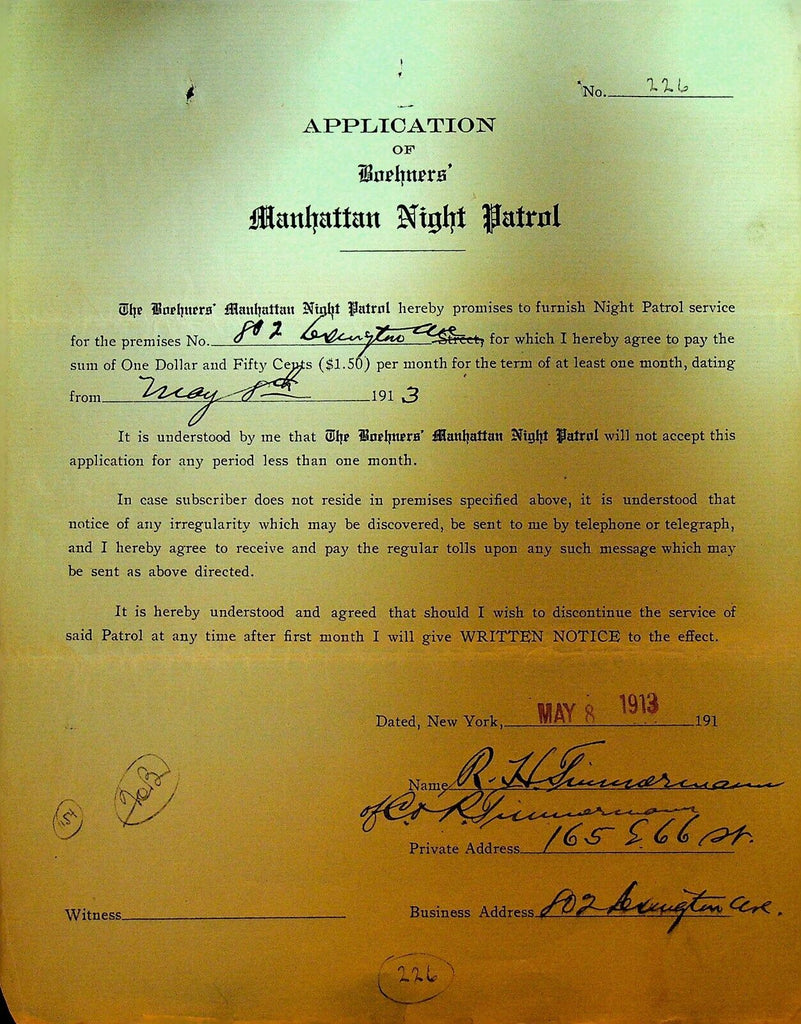 Boehners Manhattan Night Patrol Signed Contract 1913 802 Lexington Ave